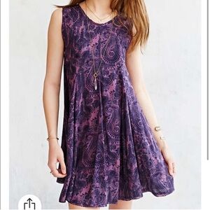 UO Ecoté Clary Godet Trapeze Mini Dress, Purple Paisley Swing Flowy Dress Boho
